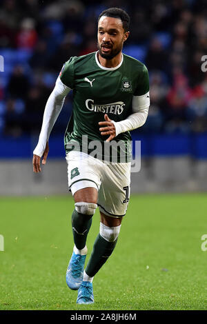 Bolton, Großbritannien. 09 Nov, 2019. BOLTON, ENGLAND - November 9th Plymouth Byron Moore in Aktion während der FA Cup Match zwischen Bolton Wanderers und Plymouth Argyle im Reebok Stadium, Bolton am Samstag, den 9. November 2019. (Credit: Eddie Garvey | MI Nachrichten) das Fotografieren dürfen nur für Zeitung und/oder Zeitschrift redaktionelle Zwecke verwendet werden, eine Lizenz für die gewerbliche Nutzung Kreditkarte erforderlich: MI Nachrichten & Sport/Alamy leben Nachrichten Stockfoto