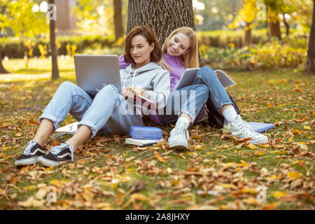 Zwei Studenten entspannt lehnte sich auf Baum während des Studiums Stockfoto