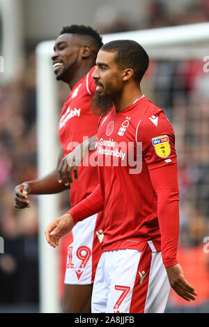 NOTTINGHAM, ENGLAND - 9.NOVEMBER Lewis Grabban (7) von Nottingham Forest während der Sky Bet Championship Match zwischen Nottingham Forest und Derby County an der Stadt Boden, Nottingham am Samstag, den 9. November 2019. (Credit: Jon Hobley | MI Nachrichten) das Fotografieren dürfen nur für Zeitung und/oder Zeitschrift redaktionelle Zwecke verwendet werden, eine Lizenz für die gewerbliche Nutzung Kreditkarte erforderlich: MI Nachrichten & Sport/Alamy leben Nachrichten Stockfoto