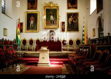 Die Independence Hall oder Salón de la Independencia in der Casa de la Libertad oder Haus der Freiheit in der Altstadt von Sucre, Bolivien Stockfoto