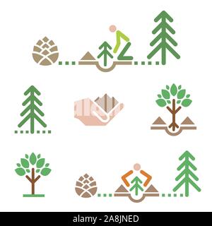 Baum Symbole, die Anpflanzung von Bäumen. Set aus bunten Icons mit Bäumen und Pflanzen von Bäumen. Vector zur Verfügung. Stock Vektor