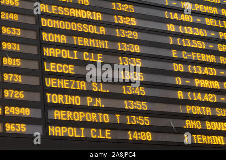 Milano (Mailand), Italien. Vom 9. Februar 2018. Ein board mit der geplanten Abfahrt der Züge vom Hauptbahnhof entfernt. Stockfoto