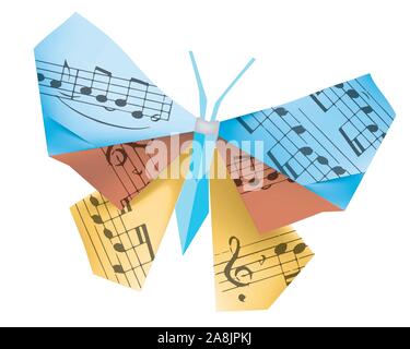 Origami Schmetterling mit Noten. Abbildung: bunte Papier origami Schmetterling mit Noten. Konzept für Musik Schule. Vector zur Verfügung. Stock Vektor
