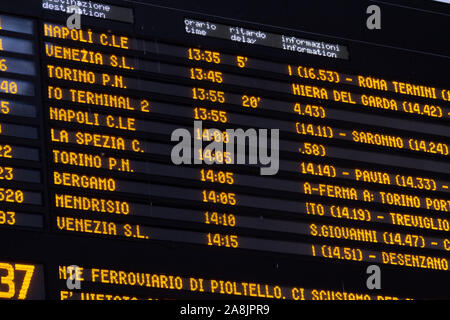 Milano (Mailand), Italien. Vom 9. Februar 2018. Ein board mit der geplanten Abfahrt der Züge vom Hauptbahnhof entfernt. Stockfoto