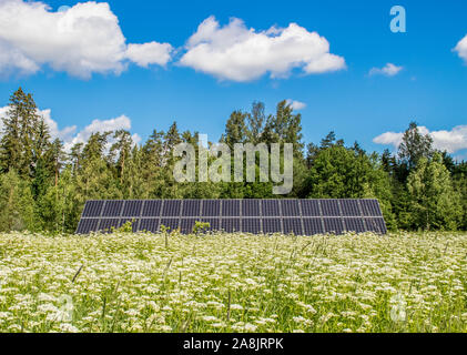 Kleine Solarenergie Bauernhof auf der schönen Wiese in der Natur. Erneuerbare Energie Konzept. Zimmer für Text. Stockfoto