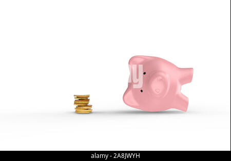Nahaufnahme der Münzen durch piggy Bank vor weißem Hintergrund Stockfoto