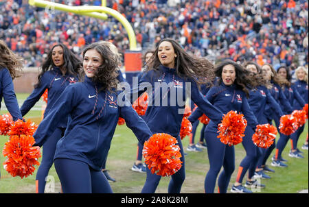 Charlottesville, Virginia, USA. 9 Nov, 2019. Universität von Virginia dance Team während einer NCAA Football Spiel zwischen der Universität von Virginia Cavalier und der Georgia Tech Yellow Jackets bei Scott Stadion in Charlottesville, Virginia. Justin Cooper/CSM/Alamy leben Nachrichten Stockfoto