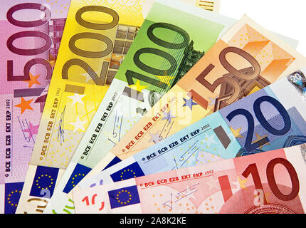 Euro-Geldscheine, Euro, Banknoten, 10,20,50,100,200,500, Stockfoto