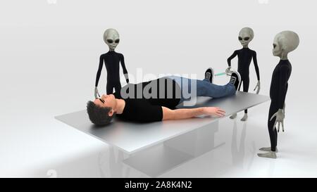 Alien Abduction mit drei grauen Außerirdischen und Menschlichen auf Chirurgie Tabelle extrem detaillierte und realistische 3D-Bild mit hoher Auflösung Stockfoto