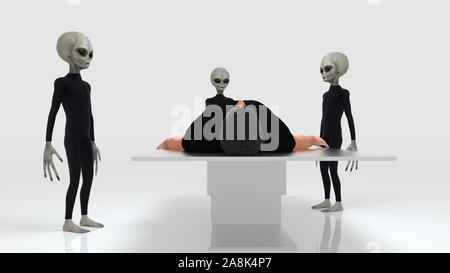 Alien Abduction mit drei grauen Außerirdischen und Menschlichen auf Chirurgie Tabelle extrem detaillierte und realistische 3D-Bild mit hoher Auflösung Stockfoto