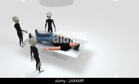 Alien Abduction mit drei grauen Außerirdischen und Menschlichen auf Chirurgie Tabelle extrem detaillierte und realistische 3D-Bild mit hoher Auflösung Stockfoto