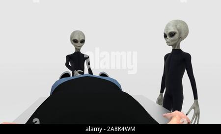 Alien Abduction mit drei grauen Außerirdischen und Menschlichen auf Chirurgie Tabelle extrem detaillierte und realistische 3D-Bild mit hoher Auflösung Stockfoto