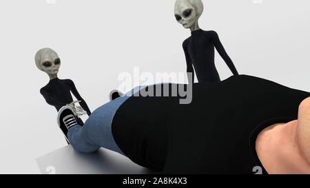 Alien Abduction mit drei grauen Außerirdischen und Menschlichen auf Chirurgie Tabelle extrem detaillierte und realistische 3D-Bild mit hoher Auflösung Stockfoto