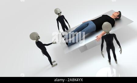 Alien Abduction mit drei grauen Außerirdischen und Menschlichen auf Chirurgie Tabelle extrem detaillierte und realistische 3D-Bild mit hoher Auflösung Stockfoto