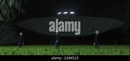 Alien ufo in Wald mit drei grauen Aliens extrem detaillierte und realistische 3D-Darstellung mit hoher Auflösung Stockfoto