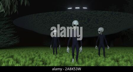 Alien ufo in Wald mit drei grauen Aliens extrem detaillierte und realistische 3D-Darstellung mit hoher Auflösung Stockfoto