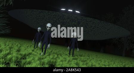 Alien ufo in Wald mit drei grauen Aliens extrem detaillierte und realistische 3D-Darstellung mit hoher Auflösung Stockfoto