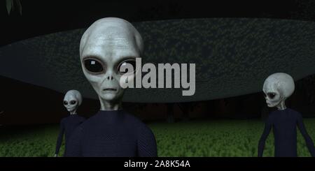 Alien ufo in Wald mit drei grauen Aliens extrem detaillierte und realistische 3D-Darstellung mit hoher Auflösung Stockfoto