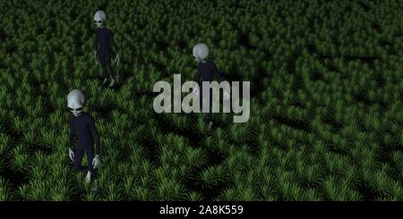 Alien ufo in Wald mit drei grauen Aliens extrem detaillierte und realistische 3D-Darstellung mit hoher Auflösung Stockfoto