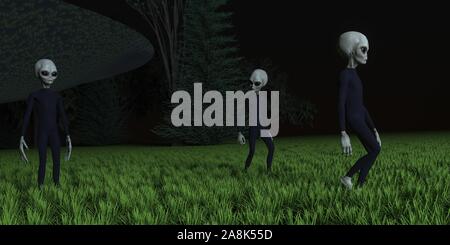 Alien ufo in Wald mit drei grauen Aliens extrem detaillierte und realistische 3D-Darstellung mit hoher Auflösung Stockfoto