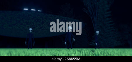 Alien ufo in Wald mit drei grauen Aliens extrem detaillierte und realistische 3D-Darstellung mit hoher Auflösung Stockfoto