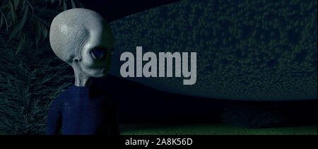 Alien ufo in Wald mit drei grauen Aliens extrem detaillierte und realistische 3D-Darstellung mit hoher Auflösung Stockfoto