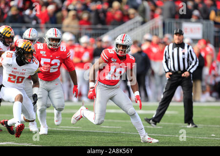 Columbus, Ohio, USA. 9 Nov, 2019. Ohio State Buckeyes linebacker Dallas Gant (19) während der NCAA Football Spiel zwischen dem Maryland Dosenschildkröten & Ohio State Buckeyes am Ohio Stadium in Columbus, Ohio. JP Waldron/Cal Sport Media/Alamy leben Nachrichten Stockfoto