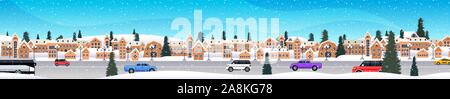 Autos Straße über Winter city street frohe Weihnachten Frohes neues Jahr Urlaub feier Konzept verschneite Stadt Schneefall Stadtbild horizontale Vektor illustration Stock Vektor