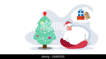 Mann in Santa Hut sitzt in der Nähe von Tannenbaum träumt Geschenk Geschenk Boxen frohe Weihnachten Frohes neues Jahr Urlaub feier Konzept Flachbild voller Länge horizontale Vektor illustration Stock Vektor