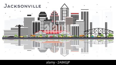 Jacksonville Florida City Skyline mit grauen Gebäuden und Reflexionen isoliert auf Weiss. Vector Illustration. Stock Vektor