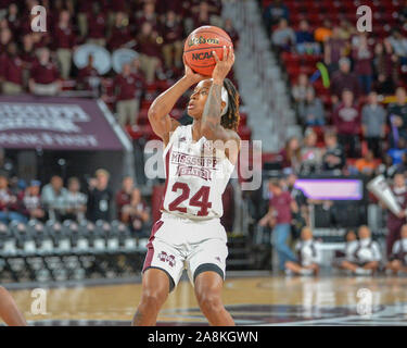 Starkville, MS, USA. 09 Nov, 2019. Mississippi State Guard, Jordanien Danberry (24), nimmt einen Schuß während Basketball der NCAA Frauen Spiel zwischen der Universität von Southern Mississippi Steinadler und der Mississippi State Bulldogs am Humphrey Kolosseum in Starkville, MS. Kevin Langley/Sport Süd Media/CSM/Alamy leben Nachrichten Stockfoto