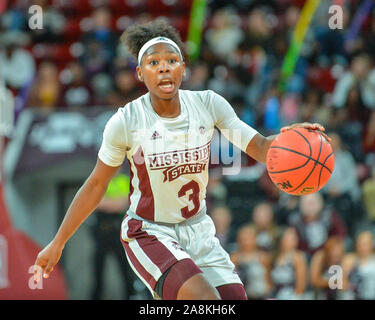 Starkville, MS, USA. 09 Nov, 2019. Mississippi State Guard, Aliyah Matharu (3), in der Tätigkeit während des NCAA Basketball Frauen Spiel zwischen der Universität von Southern Mississippi Steinadler und der Mississippi State Bulldogs am Humphrey Kolosseum in Starkville, MS. Kevin Langley/Sport Süd Media/CSM/Alamy leben Nachrichten Stockfoto