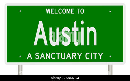 Rendering von einem grünen 3d Autobahn Zeichen für Austin, ein Heiligtum Stadt Stockfoto