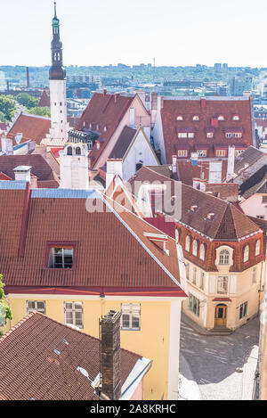 Tallinn in Estland, Panorama der mittelalterlichen Stadt mit der Kirche St. Olaf, bunten Häusern und typischen Türmen Stockfoto