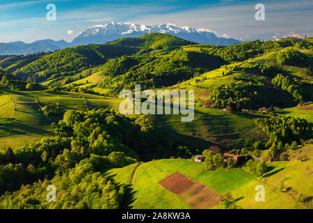 Feder ländliche Landschaft mit Häusern auf der Piste und die schneebedeckten Berge im Hintergrund, Holbav Dorf, Siebenbürgen, Rumänien, Europa Stockfoto