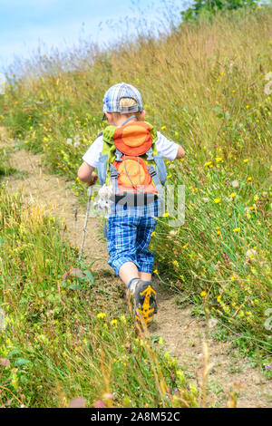 Cute little boy, eine Wanderung in der Natur des Alpenvorlandes in der Nähe von Sulzberg in Westösterreich Stockfoto