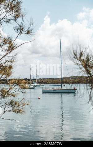 Dunbogan Boatshed, NSW, Australien - 20. Oktober 2019: Landschaftlich schöne Aussicht auf die Boote auf dem ruhigen Camden Haven Einlass-/Fluss. Stockfoto