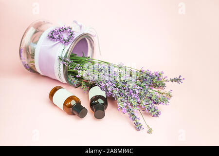 Naturkosmetik. Frische Lavendelblüten und Flaschen ätherisches Öl oder Serum auf Pastell rosa Hintergrund. Alternative home Medizin. Nahaufnahme, Vintage Style. Stockfoto