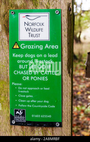 Ein Norfolk Wildlife Trust sign berät Leute ihre Hunde an der Leine in der Nähe weidenden Tiere zu halten, aber die Leitung zu fallen, wenn sie von Rindern oder Ponys jagte. Stockfoto