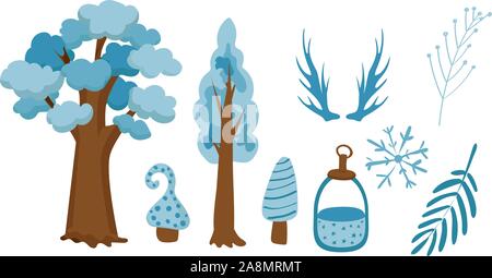 Elemente für Scrapbooking. Bäume, Blätter, Hirsche Geweihe, Laterne. Blue Winter Baum. Weihnachtliche Stimmung. Auf weissem Hintergrund. Stock Vektor