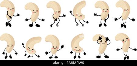 Cashew. Eine große Auswahl an niedlichen Muttern Zeichen mit Händen und Augen. Cartoon Obst oder Gemüse. Nützliche veganes Essen. Auf weissem Hintergrund. Stock Vektor
