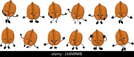 Walnuss. Eine große Auswahl an niedlichen Muttern Zeichen mit Händen und Augen. Cartoon Obst oder Gemüse. Nützliche veganes Essen. Auf weissem Hintergrund. Stock Vektor