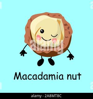Macadamianuss. Süße Mutter Charakter mit Hände und Augen. Cartoon Obst oder Gemüse. Nützliche veganes Essen. Stock Vektor