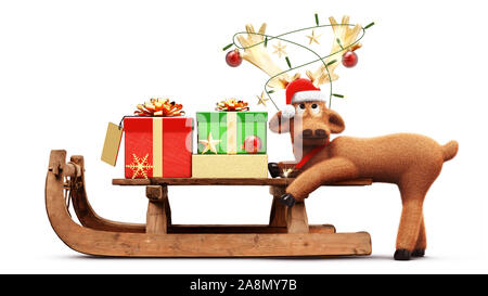 Lustige Rentiere mit Schlitten und Geschenke, Weihnachtsmann Mütze und Dekoration auf dem Geweih auf weißem Hintergrund 3D Rendering isoliert Stockfoto