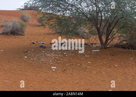 Kunststoff Umweltverschmutzung und Abfall Dumping in der Wüste Sand unter einem Baum. Für die Sensibilisierung von enviornmental Schutz, Recycling benötigen, und zum Schutz der w Stockfoto