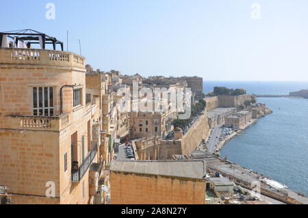 Blick auf den Grand Harbour von Valletta, Upper Barrakka Gardens Stockfoto