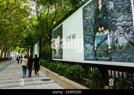 Shanghai, China, Menschen gehen, Straßenplakate Szenen, Rich Luxury Shopping Dior Markenwerbung Reklametafeln, chinesische Stadtstraße, Prestige-Verbraucher, china-Kapitalismus, Werbeplakat Luxus Stockfoto