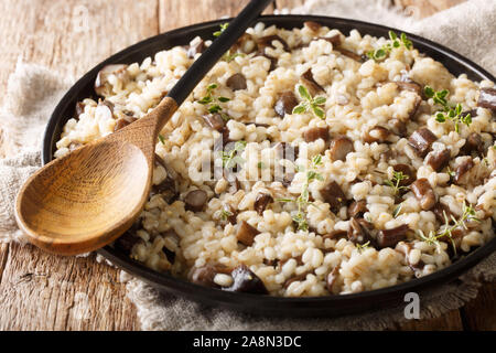 Traditionelle Orzotto (perlotto) mit Steinpilzen und Thymian closeup auf einem Teller auf den Tisch. Horizontale Stockfoto