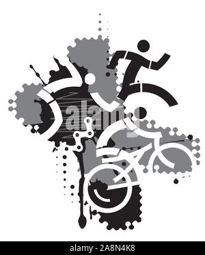 Triathlon Racers, abstrakte stilisiert. Drei triathlon Abstrakt stilisierten Athleten auf die schwarzen und grauen Hintergrund. Vektor zur Verfügung. Stock Vektor