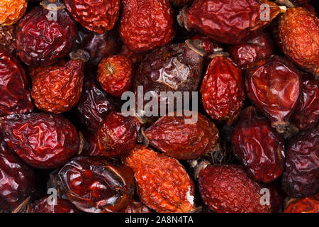 Trockene berry Hagebutten Hintergrund. Rose getrocknet Hüften. Stapel von dogrose. Healfy Konzept. Stockfoto